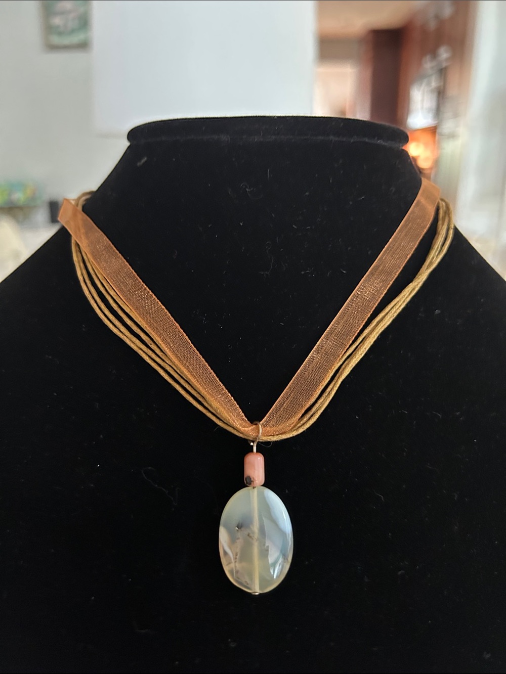 Multi-Strand Brown Ribbon Necklace with Blueish Agate Pendant